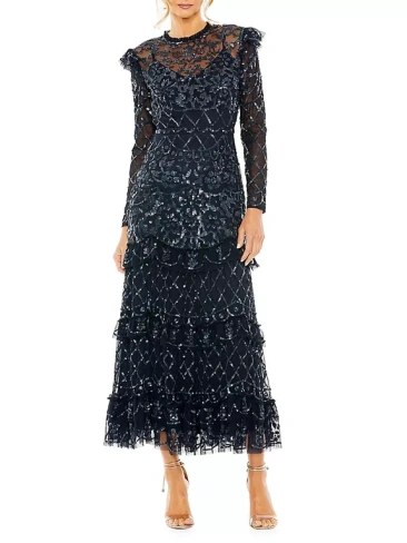 Украшенное ярусное платье с длинными рукавами Mac Duggal, цвет midnight