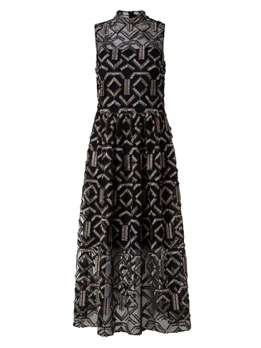 Платье миди с водолазкой из тюля с геометрическим рисунком и эффектом металлик Akris Punto, цвет black gold