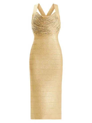 Вязаное платье миди с бахромой Disco Hervé Léger, цвет met gold
