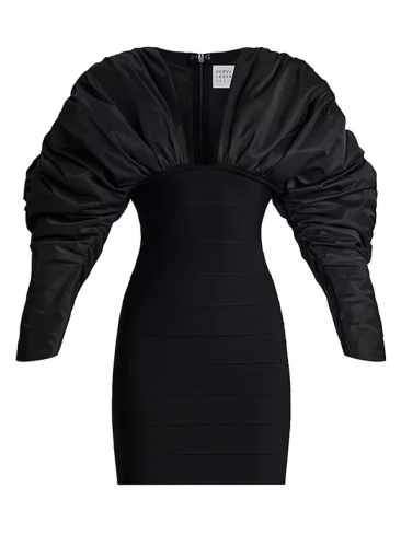 Мини-платье Bodycon с пышными рукавами Hervé Léger, черный
