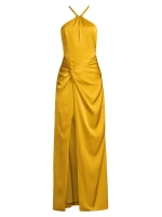 Атласное платье макси со сборками и вырезом халтер Liv Foster, цвет mustard