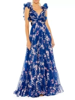 Многоярусное шифоновое платье с цветочным принтом и оборками Mac Duggal, синий