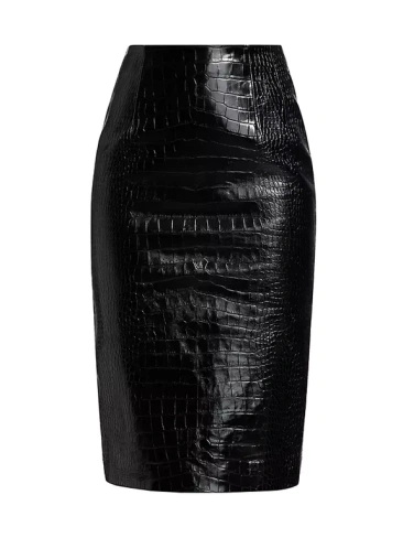 Юбка-карандаш из кожи с тиснением под крокодила Versace, черный