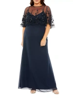 Платье без рукавов с декорированной накидкой больших размеров Mac Duggal, цвет midnight