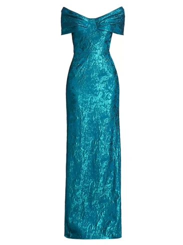 Жаккардовое платье металлик с открытыми плечами Teri Jon By Rickie Freeman, бирюзовый