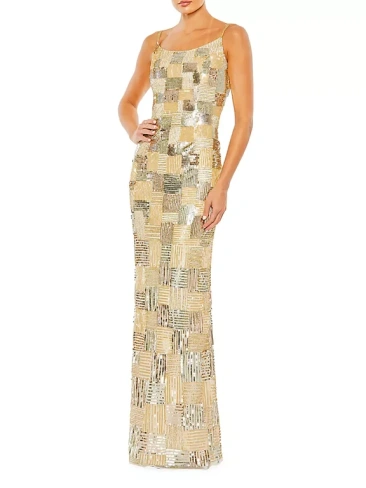 Платье-колонна с пайетками в стиле пэчворк Mac Duggal, цвет beige gold