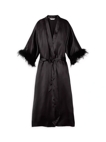 Шелковый халат с отделкой из перьев шелковицы Petite Plume, черный